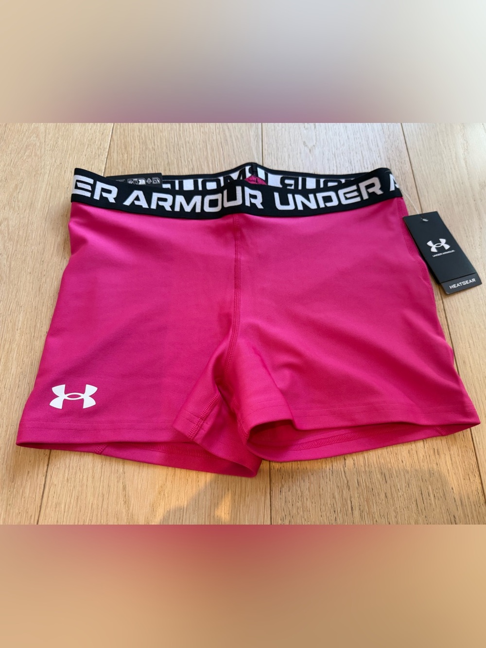 Under Armour HeatGear Compression Shorts Hot Pink Black Logo Waistband Large